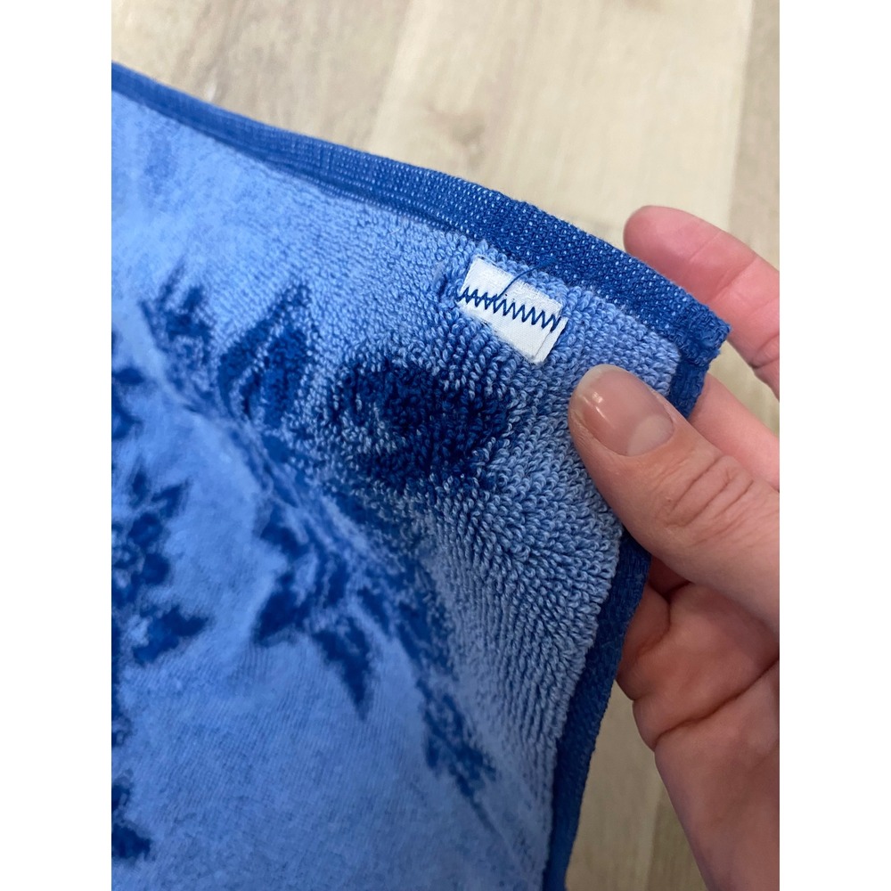 Vintage Cobalt Blue Rose Floral Hand Towel Reversible Damask Pattern Terry - Picture 5 of 5